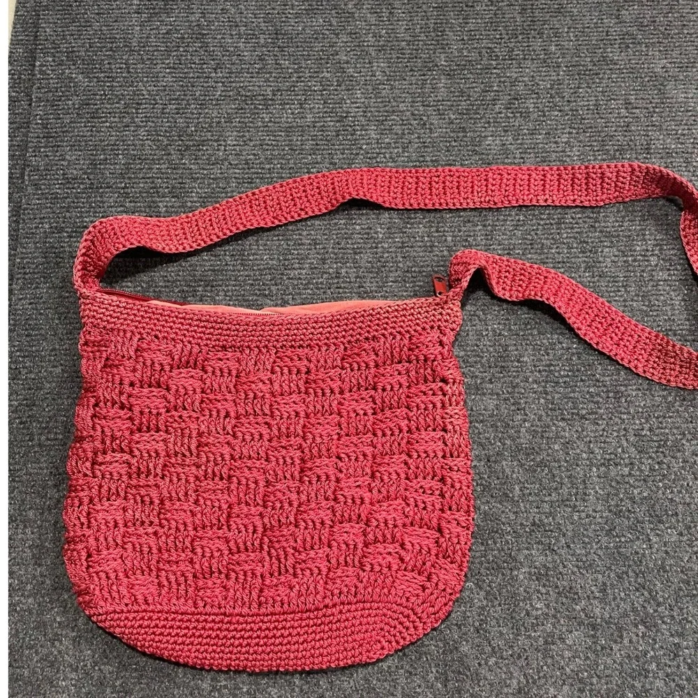 VTG Laura Ashley Red Crochet Crossbody Bag Basketweave Knit Shoulder Purse
